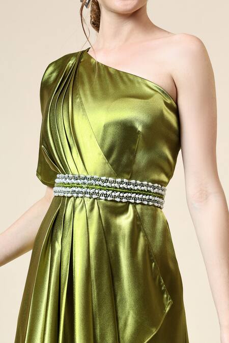 Shop_Aakaar_Green Crepe Crystals One Shoulder Metallic Draped Jumpsuit With Belt _Online_at_Aza_Fashions