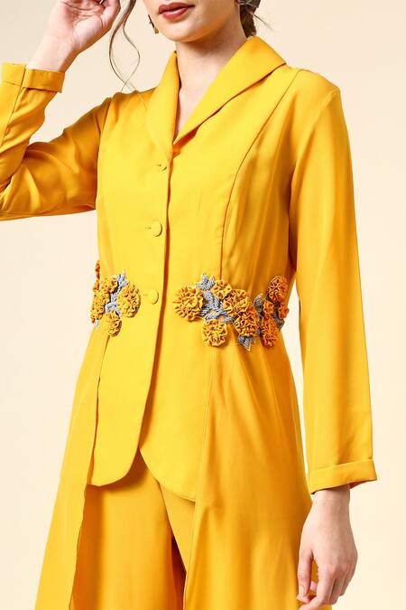 Shop Aakaar Yellow Modal Embroidery, Applique Floral Balzer And Pant Set Online at Aza Fashions Shop_Aakaar_Yellow Modal Embroidery, Applique Floral Balzer And Pant Set _Online_at_Aza_Fashions