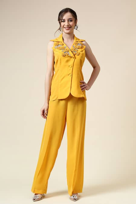 Aakaar Yellow Moss Crepe Embroidered Sequins Lapel Floral Applique Top And Pant Set 