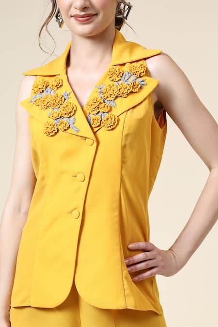 Shop_Aakaar_Yellow Modal Embroidery Floral Applique Top And Pant Set _Online_at_Aza_Fashions