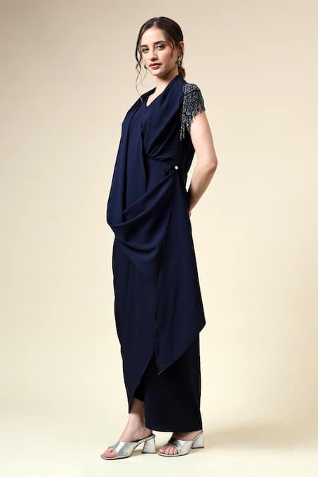 Aakaar_Blue Modal Crystals V-neck Embellished Draped Dress _Online_at_Aza_Fashions
