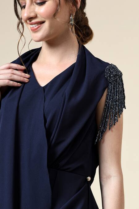 Shop_Aakaar_Blue Modal Crystals V-neck Embellished Draped Dress _Online_at_Aza_Fashions