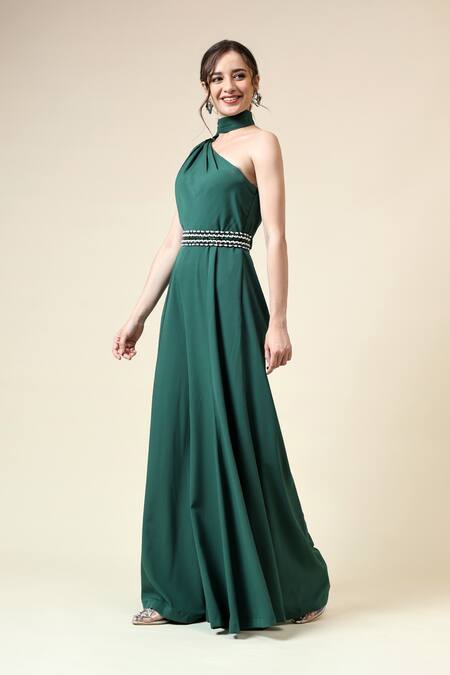 Aakaar_Green Crepe Crystals Asymmetric Jumpsuit With Embellished Belt _Online_at_Aza_Fashions