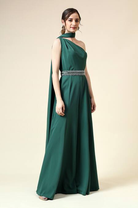 Buy_Aakaar_Green Crepe Crystals Asymmetric Jumpsuit With Embellished Belt _Online_at_Aza_Fashions