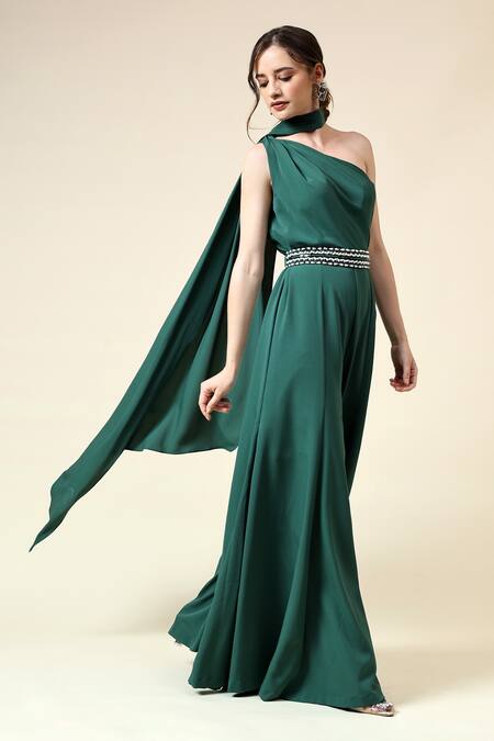 Shop_Aakaar_Green Crepe Crystals Asymmetric Jumpsuit With Embellished Belt _Online_at_Aza_Fashions