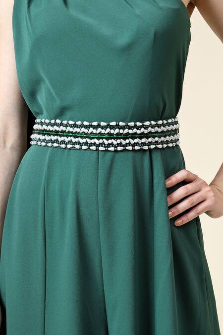 Aakaar_Green Crepe Crystals Asymmetric Jumpsuit With Embellished Belt _at_Aza_Fashions