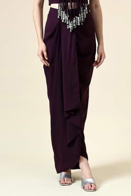 Aakaar Purple Mohair Fringe Collared Metallic Crop Top With Draped Skirt Online at Aza Fashions Aakaar_Purple Mohair Fringe Collared Metallic Crop Top With Draped Skirt _Online_at_Aza_Fashions