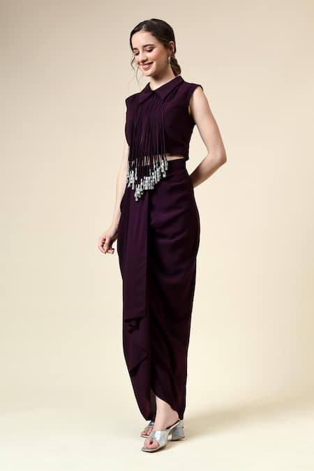 Buy_Aakaar_Purple Mohair Fringe Collared Metallic Crop Top With Draped Skirt _Online_at_Aza_Fashions