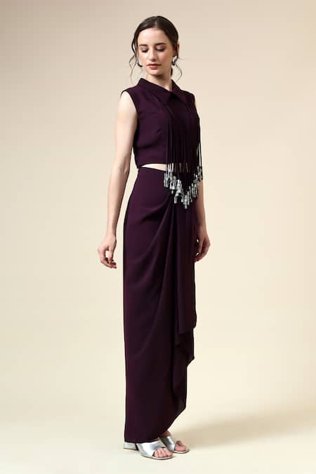 Shop_Aakaar_Purple Mohair Fringe Collared Metallic Crop Top With Draped Skirt _Online_at_Aza_Fashions