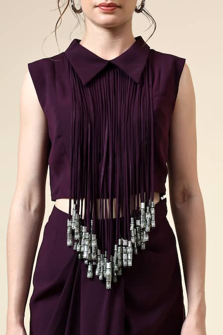Aakaar_Purple Mohair Fringe Collared Metallic Crop Top With Draped Skirt _at_Aza_Fashions