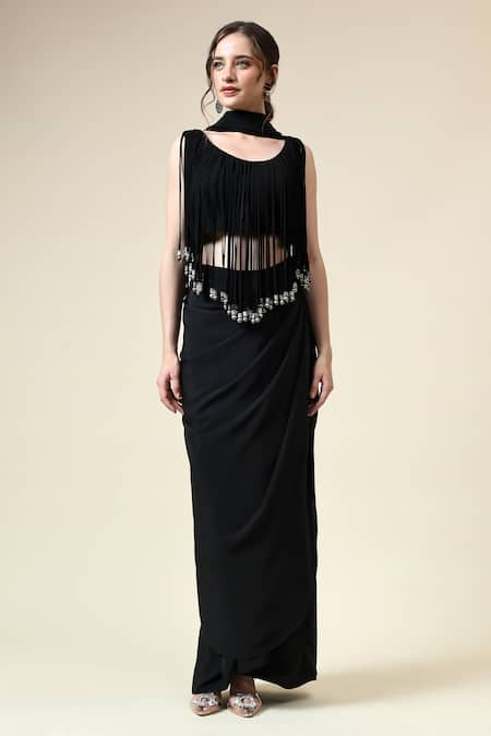 Aakaar Black Moss Crepe Embellished Metallic Fringe Pre-draped Saree With Blouse 