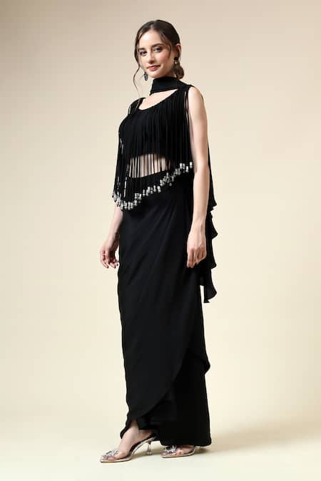 Aakaar_Black Modal, Crepe Fringe Round Neck Pre-draped Saree With Metallic Blouse _Online_at_Aza_Fashions