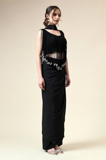 Buy_Aakaar_Black Modal, Crepe Fringe Round Neck Pre-draped Saree With Metallic Blouse _Online_at_Aza_Fashions