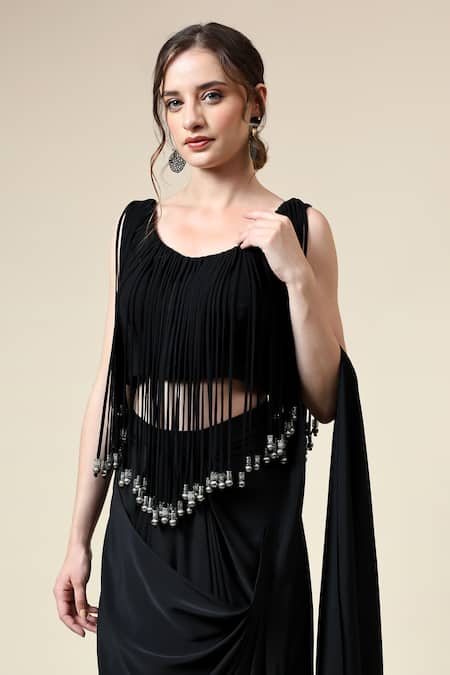 Shop_Aakaar_Black Modal, Crepe Fringe Round Neck Pre-draped Saree With Metallic Blouse _Online_at_Aza_Fashions