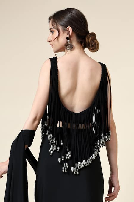 Aakaar_Black Modal, Crepe Fringe Round Neck Pre-draped Saree With Metallic Blouse _at_Aza_Fashions