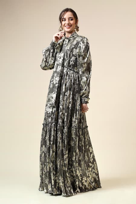 Aakaar_Black Modal Foil Printing Mandarin Collar Victorian Floral Maxi Dress _Online_at_Aza_Fashions