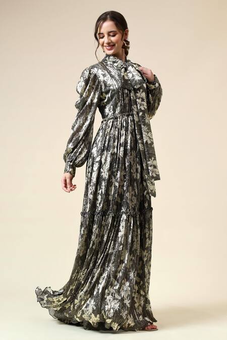 Buy_Aakaar_Black Modal Foil Printing Mandarin Collar Victorian Floral Maxi Dress _Online_at_Aza_Fashions