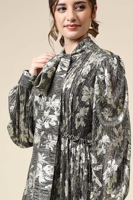 Shop_Aakaar_Black Modal Foil Printing Mandarin Collar Victorian Floral Maxi Dress _Online_at_Aza_Fashions