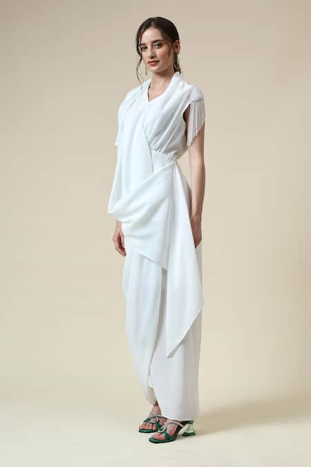 Aakaar White Moss Crepe Embellished Crystal V-neck Draped Dress 