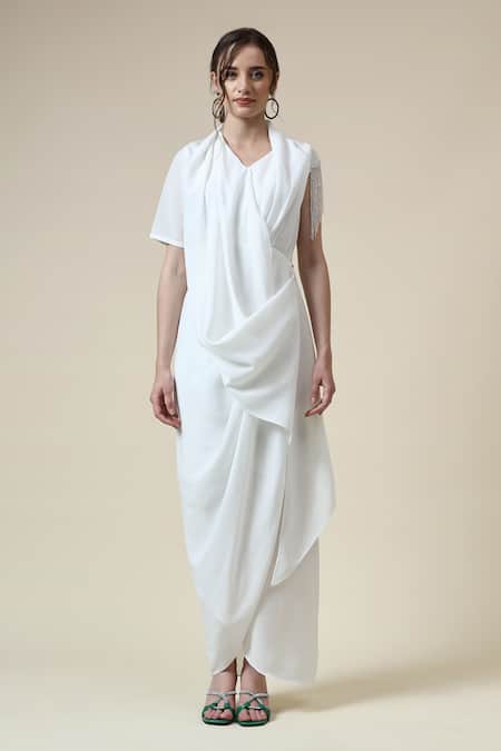 Aakaar_White Modal Crystals V-neck Embellished Draped Dress _Online_at_Aza_Fashions