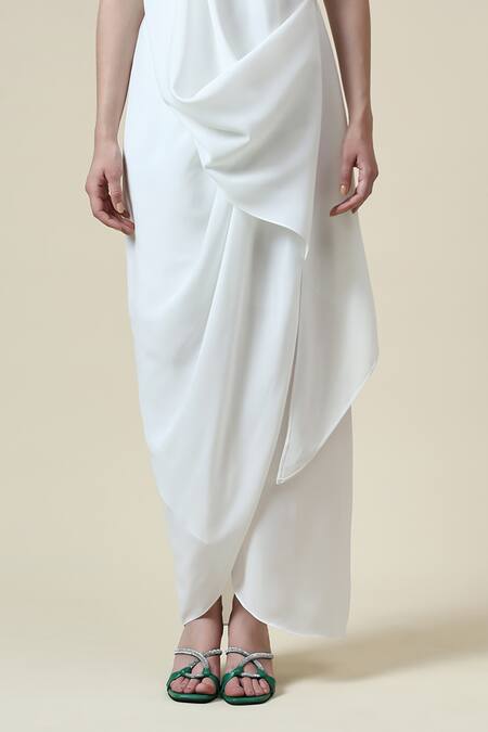 Buy_Aakaar_White Modal Crystals V-neck Embellished Draped Dress _Online_at_Aza_Fashions