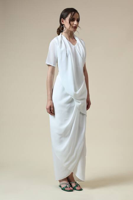 Shop_Aakaar_White Modal Crystals V-neck Embellished Draped Dress _Online_at_Aza_Fashions