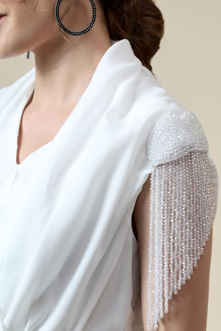 Aakaar_White Modal Crystals V-neck Embellished Draped Dress _at_Aza_Fashions