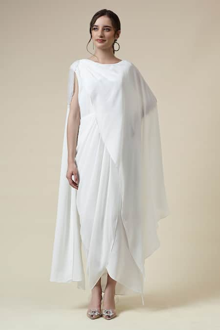 Aakaar White Moss Crepe Embellished Crystal Boat Fringe Draped Dress 