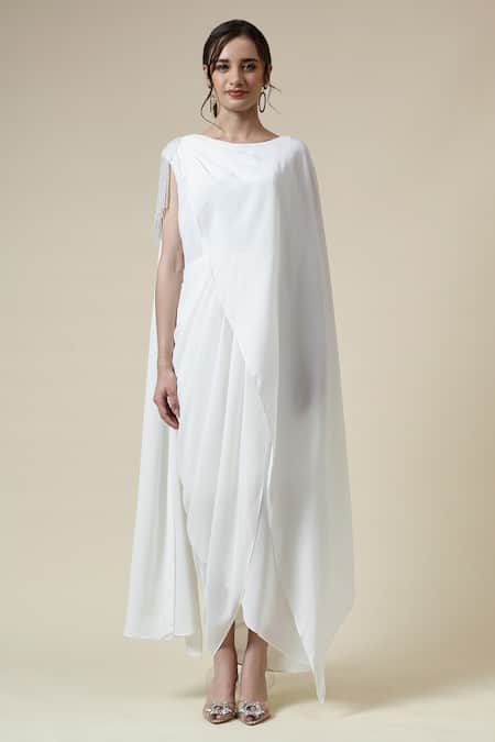 Aakaar_White Modal Crystals Boat Neck Fringe Embellished Draped Dress _Online_at_Aza_Fashions