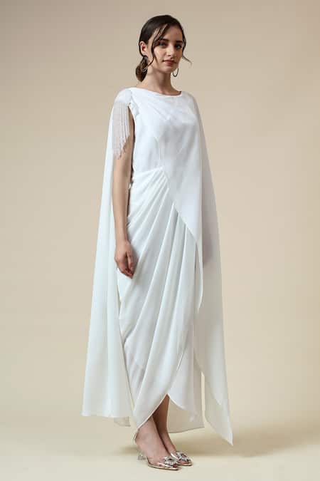Buy_Aakaar_White Modal Crystals Boat Neck Fringe Embellished Draped Dress _Online_at_Aza_Fashions