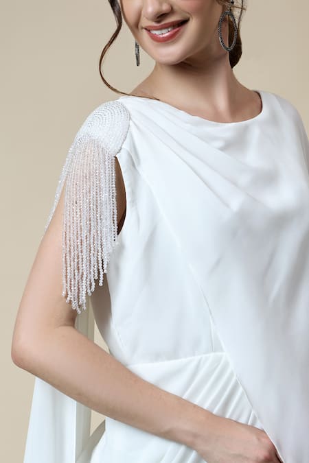 Shop_Aakaar_White Modal Crystals Boat Neck Fringe Embellished Draped Dress _Online_at_Aza_Fashions