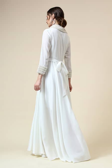 Shop_Aakaar_White Modal Pearls, Beads Collared Ocean Embroidered Gown _at_Aza_Fashions