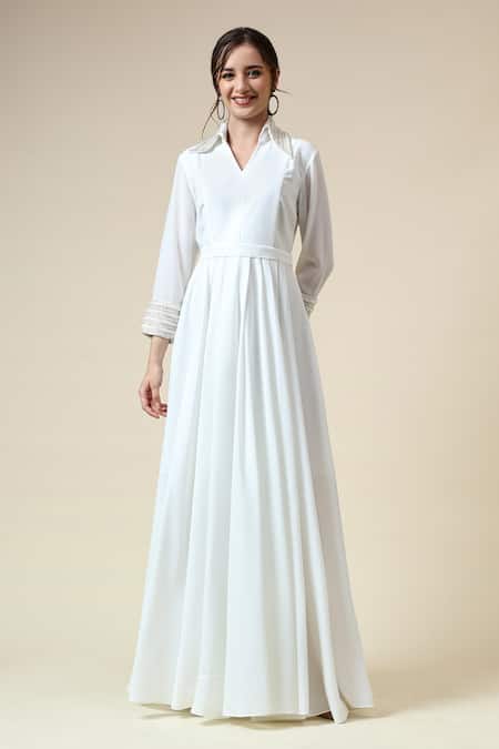 Aakaar_White Modal Pearls, Beads Collared Ocean Embroidered Gown _Online_at_Aza_Fashions