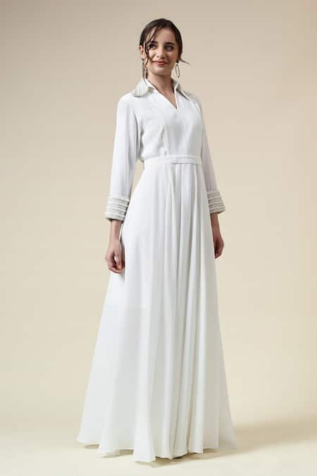 Buy_Aakaar_White Modal Pearls, Beads Collared Ocean Embroidered Gown _Online_at_Aza_Fashions