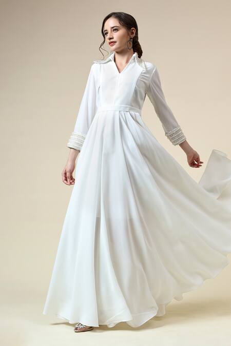 Shop_Aakaar_White Modal Pearls, Beads Collared Ocean Embroidered Gown _Online_at_Aza_Fashions