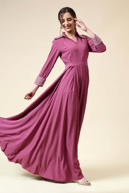 Aakaar Pink Moss Crepe Embroidered Pearls Collar Ocean And Bead Gown 