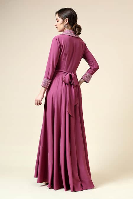 Shop_Aakaar_Pink Modal, Crepe Pearls, Beads Collared Ocean And Embroidered Gown _at_Aza_Fashions