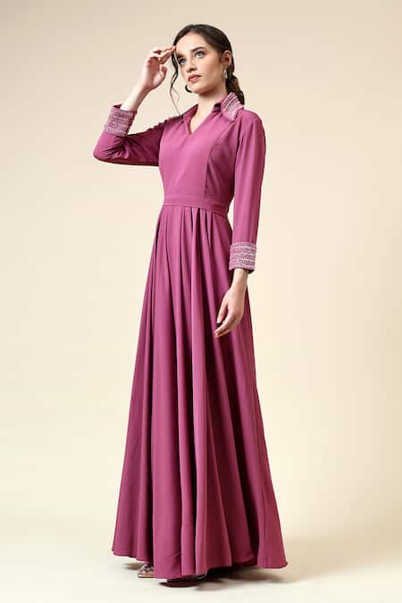 Aakaar_Pink Modal, Crepe Pearls, Beads Collared Ocean And Embroidered Gown _Online_at_Aza_Fashions