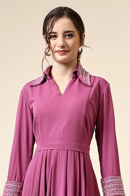 Buy_Aakaar_Pink Modal, Crepe Pearls, Beads Collared Ocean And Embroidered Gown _Online_at_Aza_Fashions