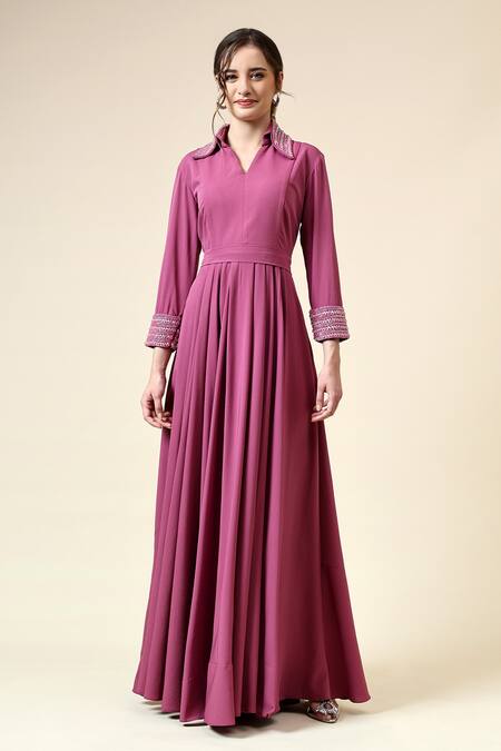 Shop_Aakaar_Pink Modal, Crepe Pearls, Beads Collared Ocean And Embroidered Gown _Online_at_Aza_Fashions