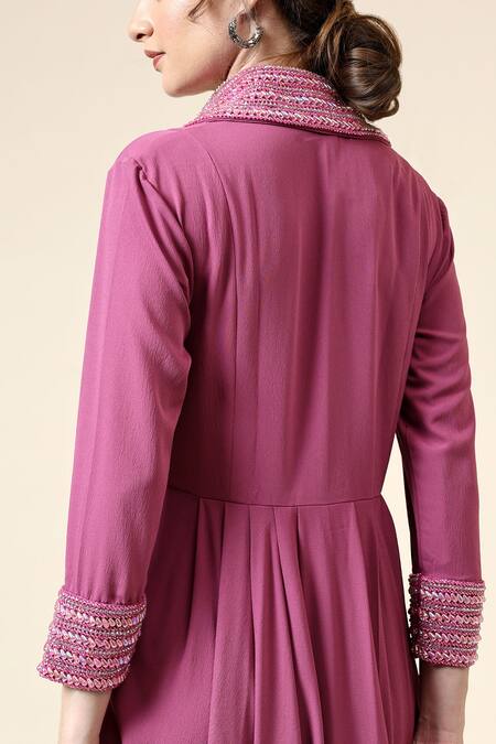 Aakaar_Pink Modal, Crepe Pearls, Beads Collared Ocean And Embroidered Gown _at_Aza_Fashions