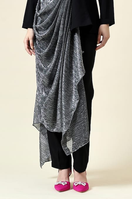 Aakaar_Black Modal Metallic Draped Blazer With Pant_Online_at_Aza_Fashions