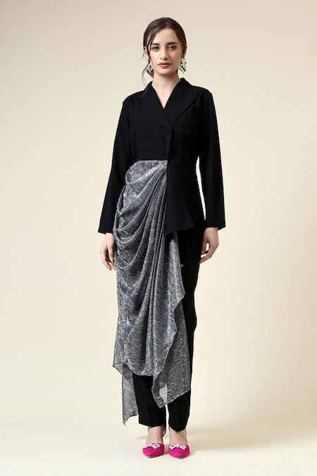Buy_Aakaar_Black Modal Metallic Draped Blazer With Pant_Online_at_Aza_Fashions