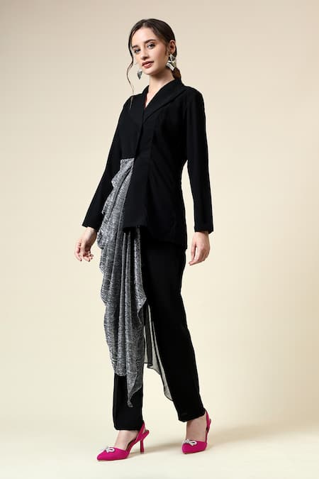 Shop_Aakaar_Black Modal Metallic Draped Blazer With Pant_Online_at_Aza_Fashions