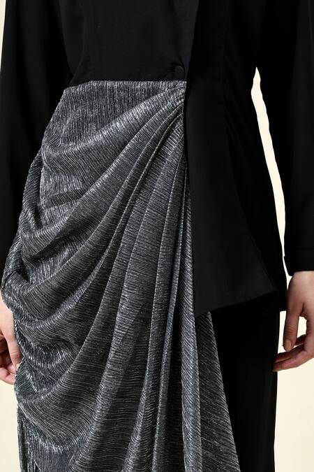 Aakaar_Black Modal Metallic Draped Blazer With Pant_at_Aza_Fashions