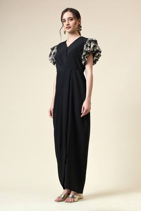Aakaar_Black Modal V-neck Metallic Sleeve Draped Dress_Online_at_Aza_Fashions