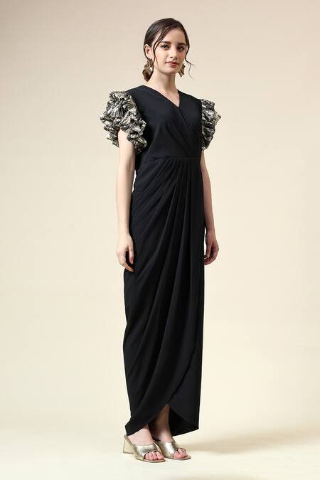 Buy_Aakaar_Black Modal V-neck Metallic Sleeve Draped Dress_Online_at_Aza_Fashions