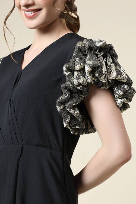 Shop_Aakaar_Black Modal V-neck Metallic Sleeve Draped Dress_Online_at_Aza_Fashions