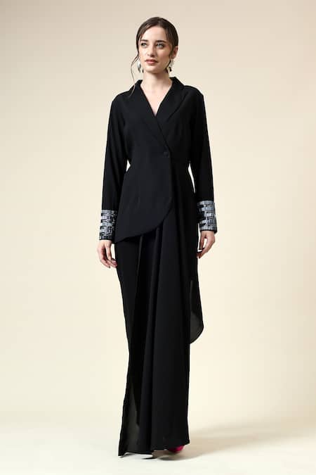 Buy_Aakaar_Black Modal, Mohair Embroidery Metallic Asymmetric Blazer With Pant _Online_at_Aza_Fashions