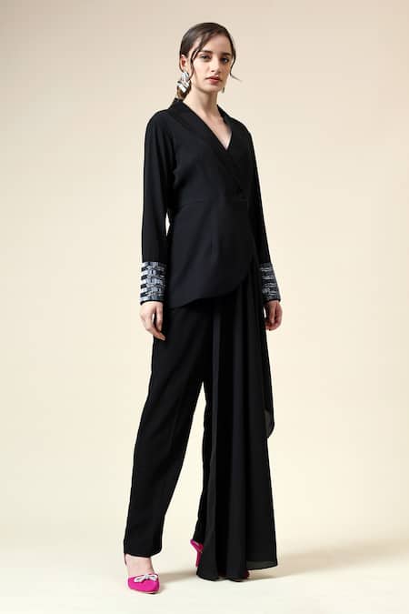 Shop_Aakaar_Black Modal, Mohair Embroidery Metallic Asymmetric Blazer With Pant _Online_at_Aza_Fashions